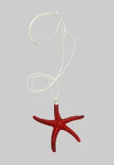 Collar con dije de estrella de mar grande de color rojo vibrante, suspendido de un tiento negro fino.