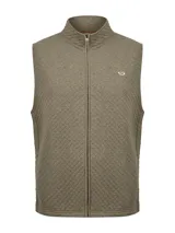Chaleco verde militar con diseño acolchado de rombos, cuello alto y cierre frontal de cremallera.