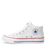 Championes Converse modelo Star Malden Street HI, de corte medio, color blanco con detalles en rojo y azul en la suela. Presentan cierre de cordones, puntera de goma y logo de la marca en la lengüeta.