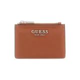 Billetera pequeña Guess modelo Alisha, color marrón, confeccionada en poliéster. Cuenta con cierre superior con cremallera, ranuras para tarjetas, bolsillo para billetes y compartimento para monedas.
