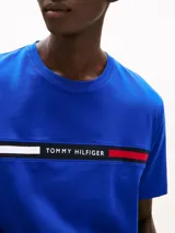 Remera de manga corta y cuello redondo, confeccionada en puro algodón. Presenta un panel horizontal bordado en el pecho con el logo y los colores distintivos de la marca.