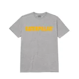 Remera gris de corte recto con logo de Caterpillar estampado en amarillo en el pecho.