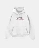 Canguro blanco de corte oversize con capucha y cordones ajustables. Presenta un estampado frontal con la silueta de un galgo y el texto KABOA en color rojo.