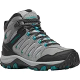 Bota de senderismo Merrell modelo Crosslander 3 Mid Wp, color gris con detalles en negro y turquesa. Confeccionada en gamuza y malla transpirable, cuenta con membrana impermeable, puntera protectora y suela de goma con tracción.