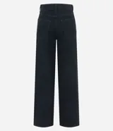 Pantalón negro de sarga con corte años 90, tiro alto, pierna recta y strass aplicados en la parte delantera.