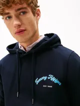 Buzo con capucha y cordones ajustable Tommy Hilfiger, color azul marino, confeccionado en felpa de algodón. Cuenta con bolsillo tipo canguro y logo gráfico bordado en el pecho en tonos celestes.
