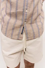Camisa de manga larga de lino con diseño a rayas en tonos celestes y blancos, cuello camisero clásico y cierre frontal de botones.