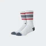 Medias Stance modelo Boyd Pop Stitch color gris melange, de caña alta, con detalles de franjas rojas y grises en la parte superior y puntera y talón en gris oscuro.