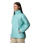 Campera acolchada Columbia modelo Silver Falls II, color turquesa, con cierre frontal, cuello alto, bolsillos laterales con cremallera y puños elásticos.