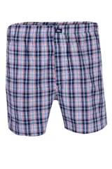 Calzoncillo tipo bóxer de tela con estampado a cuadros en tonos azul marino, celeste, blanco y rojo, con cintura elástica.