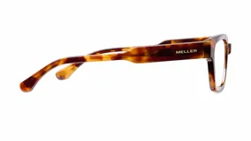 Lentes con armazón rectangular de diseño anguloso, con estampa efecto carey en tonos marrones y caramelo, y cristales transparentes con protección de luz azul.