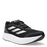 Championes de running Adidas Duramo Speed, color negro con las tres tiras características en blanco y suela blanca con tecnología Lightstrike. Presentan una parte superior de malla transpirable y cierre con cordones.
