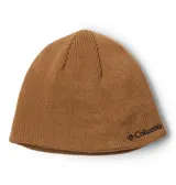 Gorro tipo beanie de tejido de punto color marrón, con forro reflectante térmico y logo de la marca bordado en el lateral.