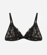 Soutien bralette de tul negro con transparencias y bordado floral, escote en V y breteles regulables.