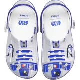 Zuecos Crocs clásicos de edición limitada inspirados en R2-D2 de Star Wars, en colores blanco y azul. Presentan un diseño estampado con detalles del droide, tira trasera ajustable y dijes Jibbitz exclusivos.