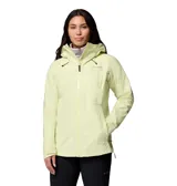 Campera impermeable Columbia Northwest Explorer 3L para mujer, color verde claro, con capucha ajustable, cierre frontal y bolsillos con cremallera.