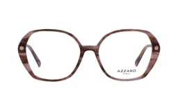 Armazón para lentes de acetato color marrón con forma geométrica redondeada.