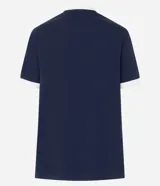 Remera azul marino de algodón con cuello redondo y mangas cortas con rayas blancas en los hombros. Estampado frontal de la Pitufina jugando al tenis.