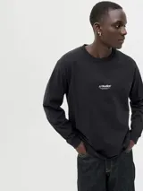 Remera de manga larga y cuello redondo con calce relajado. Presenta un diseño minimalista con un pequeño logo estampado en el centro del pecho.