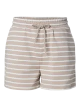 Short de algodón con diseño a rayas horizontales en tonos beige y blanco, cintura elástica y calce regular.