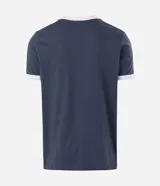 Remera de algodón color celeste con cuello redondo y bordes de mangas en color blanco. Presenta diseño de rayas dobles blancas en los hombros y mangas.