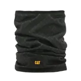 Cuello multifuncional negro con estampado de rombos y logo de Caterpillar en amarillo.