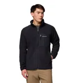 Campera de polar Columbia con cierre frontal completo, cuello alto y bolsillo vertical con cierre en el pecho. Presenta un diseño técnico con paneles superpuestos y ribetes elásticos en puños y dobladillo.