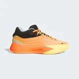 Championes de básquet Adidas Dame X, con diseño de líneas onduladas en tonos naranja y amarillo. Presenta cuello negro, cordones naranjas y suela de goma con tecnología de amortiguación Lightstrike.