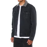 Campera de denim color negro con cuello de sherpa, cierre frontal con botones metálicos, bolsillos de parche en el pecho y forro interior de sherpa.