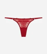 Bombacha colaless roja de encaje floral con hilo doble en la parte trasera y laterales finos ajustables.