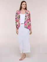 Cardigan abierto de manga larga en seda fría con estampado multicolor en tonos rosados, naranjas, verdes y negros.