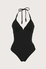 Traje de baño entero negro con escote en V, espalda baja y tirantes finos con detalle de cuentas.