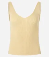 Blusa sin mangas de punto acanalado color crema, con escote en V y espalda descubierta. Confeccionada en una mezcla de viscosa y poliamida, presenta un ajuste al cuerpo y textura vertical en relieve.