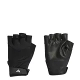 Guantes deportivos Adidas sin dedos, diseñados para entrenamiento. Presentan una palma texturizada para mayor agarre y un dorso de malla transpirable con cierre de velcro ajustable en la muñeca que incluye el logo de la marca.