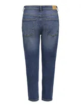 Pantalón jeans mom fit de tiro medio, color gris oscuro con efecto gastado, corte tipo girlfriend y costuras en contraste.