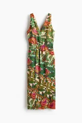 Vestido midi de breteles con estampado floral, escote en V delantero y posterior, frunces en los hombros y panel plisado delantero.