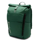 Mochila Columbia Convey III de 27 litros, color verde bosque, con cierre enrollable, resistente al mal tiempo. Incluye funda para portátil de 15 pulgadas, dos bolsillos para botellas de agua y un bolsillo frontal con cremallera. Cuenta con respaldo transpirable, tirantes acolchados y ergonómicos, y cinta pectoral ajustable.