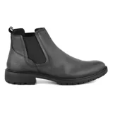 Bota Chelsea de cuero negro con elásticos laterales, suela de goma y tirador trasero.