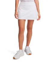 Short pollera deportiva blanca de tiro alto, confeccionada en tejido de punto ligero, elástico y de secado rápido. Cuenta con shorts de compresión integrados con bolsillos laterales y tecnología de control de olores.