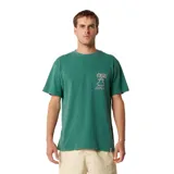 Remera de manga corta color verde, con cuello redondo y estampa pequeña en el pecho que representa un florero con flores.