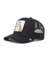 Gorra trucker Goorin Bros modelo The Giraffe, color negro, con frente estructurado y red trasera. Presenta un parche frontal bordado con diseño de jirafa y la palabra "HIGH".