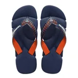 Sandalias tipo ojota Havaianas modelo Power 2.0, color azul marino con detalles en naranja en las tiras y logo de la marca en relieve.