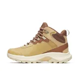 Bota de senderismo Merrell modelo Speed Strike 2 LTR, color beige y marrón. Presenta un diseño deportivo con empeine de cuero de plena flor y ante impermeable, cuello acolchado, cordones reforzados y suela de goma adherente para mayor tracción.