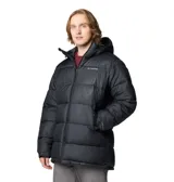 Campera tipo parka de la marca Columbia, color negro, con diseño acolchado, capucha ajustable, cierre frontal completo y bolsillos laterales con cremallera.