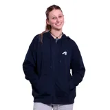 Campera deportiva de color azul marino con capucha, cierre frontal completo y bolsillos tipo canguro. Presenta un pequeño logo estampado en el pecho y puños acanalados.