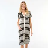 Vestido midi de punto calado con rayas horizontales en negro y beige, escote en V con cuello y cierre frontal de botones.