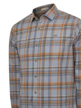 Camisa de franela de algodón orgánico con estampado de cuadros en tonos gris, naranja y marrón, de manga larga, cuello italiano y calce modern fit.