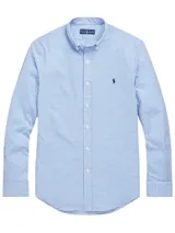 Camisa de hombre Polo Ralph Lauren, corte Custom Fit, confeccionada en popelina de algodón a cuadros celestes y blancos, con cuello abotonado y logo bordado en el pecho.