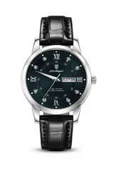 Reloj Poedagar modelo 836 Diamond de hombre, con caja de acero inoxidable, esfera de color verde oscuro con índices de números romanos y circonitas, ventana de calendario para día y fecha, y correa de cuero sintético negro con textura de cocodrilo.