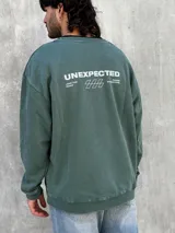 Buzo verde de algodón con cuello redondo, mangas largas y puños acanalados. Presenta un pequeño estampado en el frente y un logo geométrico en el pecho. Corte holgado.